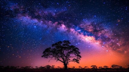 Fototapeta premium An ethereal view of the Milky Way galaxy arching across a night sky, with the silhouette of a lone tree in the foreground.