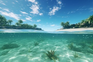 Fototapeta premium Experience the breathtaking tropical paradise with serene underwater views through split level photography capturing the crystal clear water, palm trees, and exotic marine life