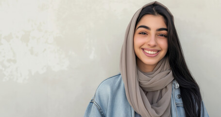 Smiling woman in a hijab, denim jacket against a neutral background, studio portrait of a happy girl