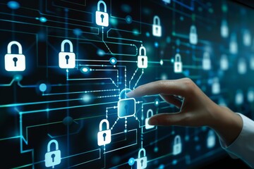 Fototapeta premium Hand interacting with a glowing cloud padlock on a circuit board, representing secure data storage and advanced cybersecurity measures.