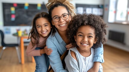 Close up photo of two happy african american and hispanic kids in school embracing their caucasian teacher on her knees in a classroom smiling at camera