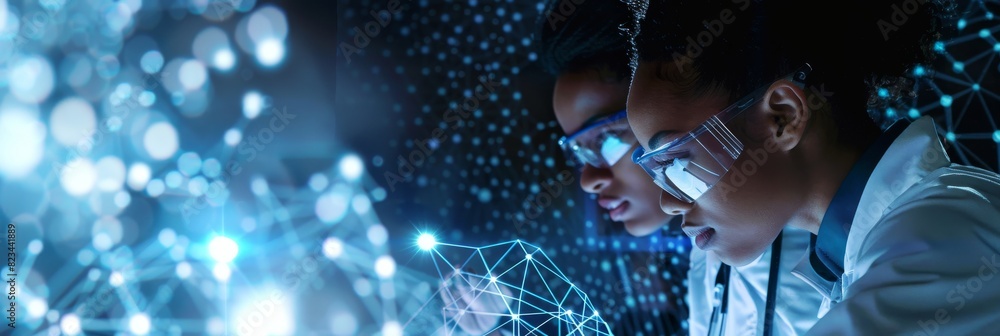 Poster scientists working in advanced laboratories: latino and black scientists using microscopes, digital 