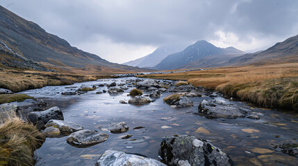 Mountain river landscape scenic view. Download this stock photo of a scenic mountain river landscape with rocks and grass. Perfect for websites, presentations, and marketing materials.