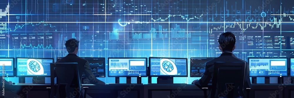 Poster modern monitoring office with a big digital screen showing live analytics feed. finance specialists 
