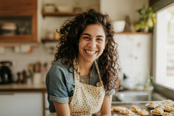 Woman smiling while baking cookies in a cozy kitchen, dressed casually and wearing a patterned apron.