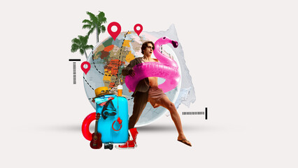 Office worker, businessman standing in swimming circle and dreaming about vacation. Globe map and suitcase on background. Contemporary art collage. Concept of business trip and vacation, travelling