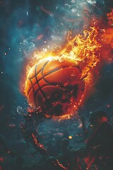 Fiery basketball soaring through urban alley with flames in dimly lit surroundings