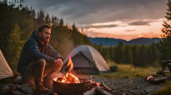 Mann sitzt am Lagerfeuer auf dem Zeltplatz
