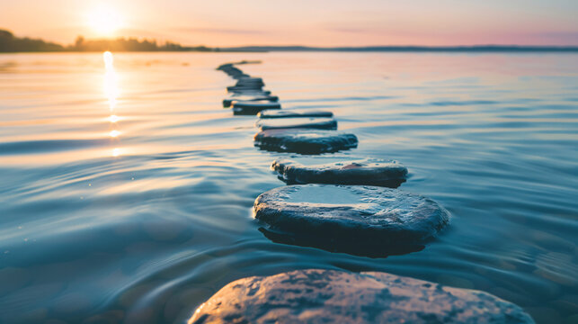 Stepping stones to the sunset. A tranquil sunset scene with stepping stones leading out across the water, inviting you on a journey of peace and tranquility.