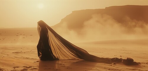 Minimalist portrait of an isolated woman in the desert, face covered with flowing fabric against...