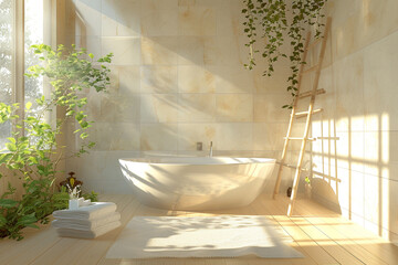 Japandi style bathroom with a soaking tub and a bamboo ladder towel rack