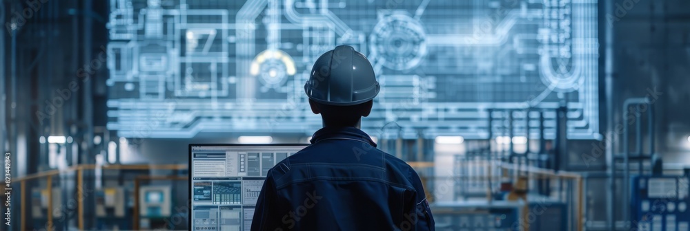 Canvas Prints Overhead shot of an Engineer using CAD Software on a desktop computer. The screen shows technical sketches and drawings. A background image shows an industrial design facility.