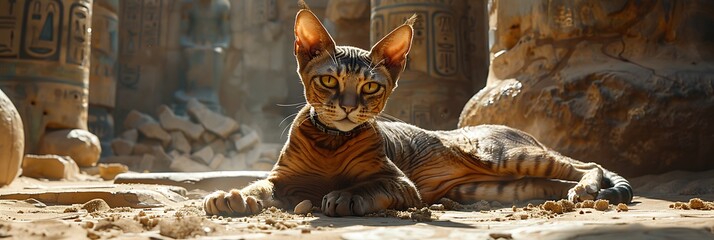 Obraz premium Within ancient temples of Egypt a regal sphinx cat named Cleo prowls silently through the sundrenched courtyards her piercing gaze betraying the wisdom of her feline ancestors