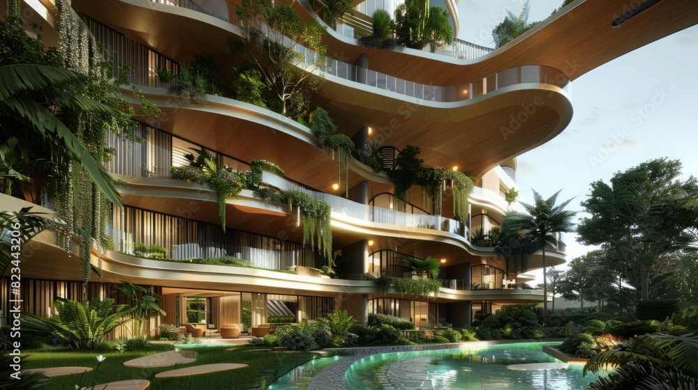 Poster a towering building overlooks a sizable pool in its front, creating a striking architectural contras