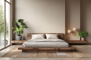 Modern bedroom with a platform bed and a floating nightstand