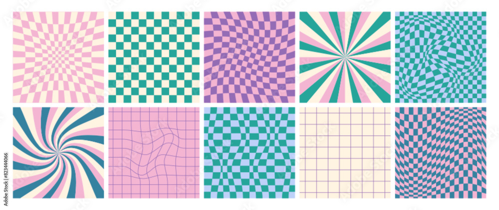Aufkleber square twisted psychedelic checkerboard set with distorted grid. groovy checkered seamless pattern i
