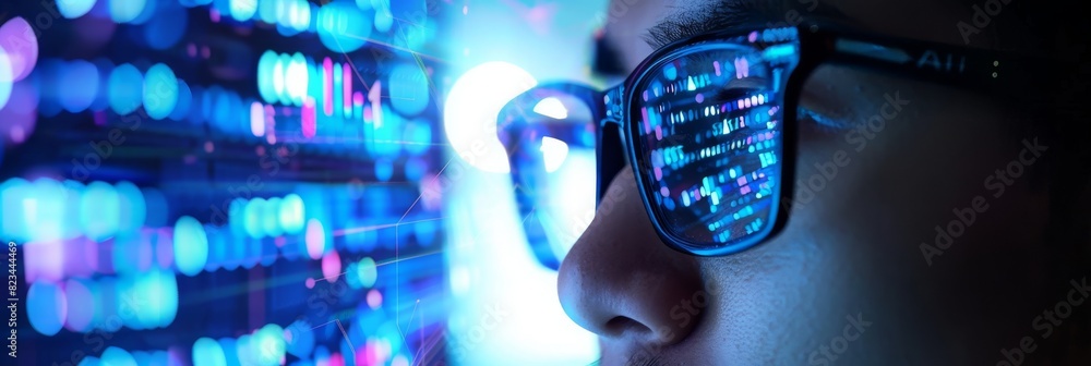Poster a close-up of a software engineer working on a computer, with lines of code reflecting in his glasse