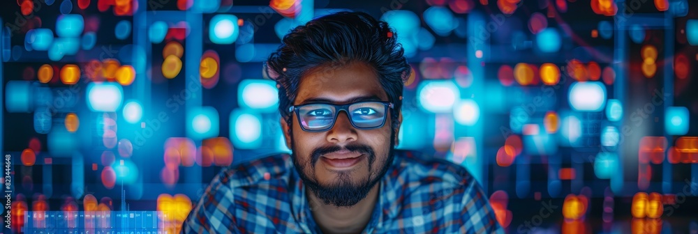 Poster smiling digital entrepreneur creating modern software, designer of e-commerce apps, programmer. hand