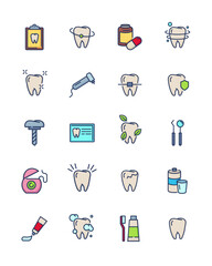 Dental care line icon set. Healthy teeth, cleaning floss, dentist tools, medical report, toothbrush, implant, braces. Vector icons for dentistry, stomatology, oral hygiene, healthcare concept