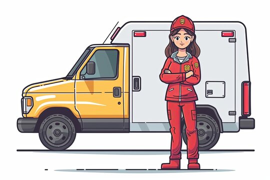Detailed illustration of a female delivery worker in a red uniform and cap