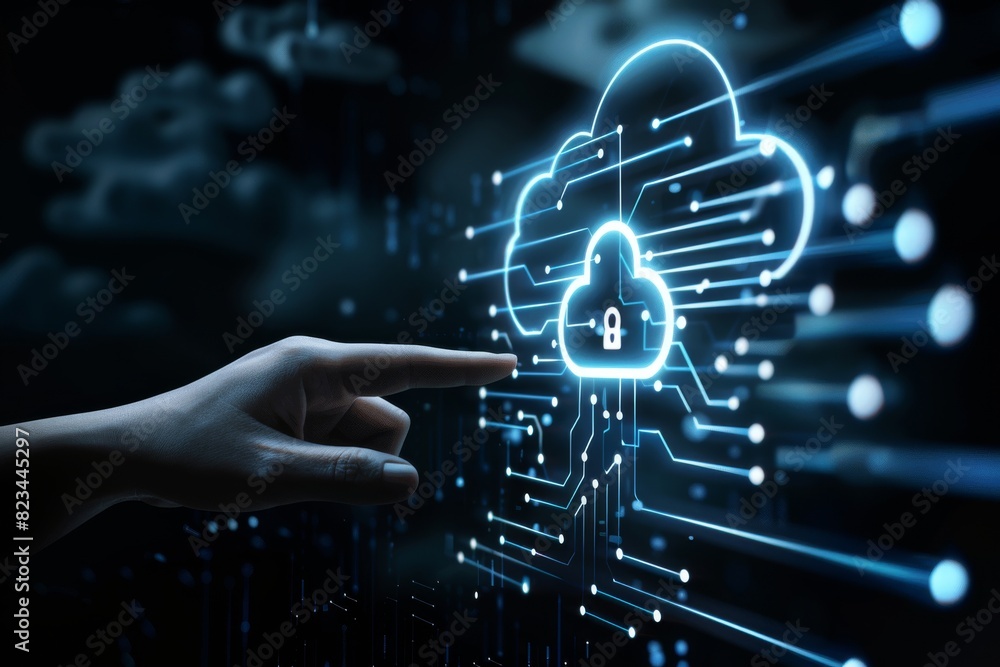 Poster hand pointing at a glowing digital cloud padlock, representing secure online data storage and advanc