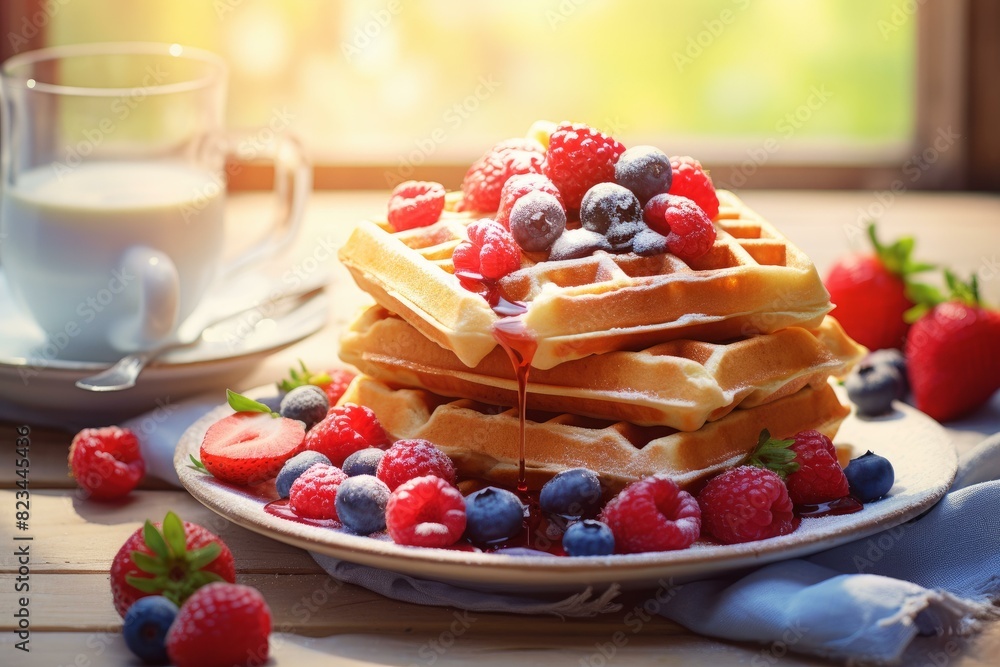 Aufkleber scrumptious stack of waffles topped with berries and drizzled with syrup beside a warm sunny window