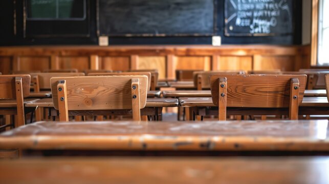 Empty Classroom. Back to school concept in high school. Classroom Interior Vintage Wooden Lecture Wooden Chairs and Desks. Studying lessons in secondary education.