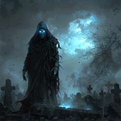 Grim Reaper with glowing blue eyes in a graveyard.