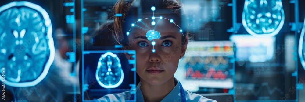 Poster researchers at the research lab of a medical facility are using computerized brain scan mri images t
