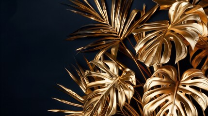Tropical date palm and monstera leaves, painted in shiny glossy gold, artfully placed against a black paper backdrop. There is a vacant area for text
