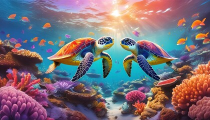 a mesmerizing underwater world teeming with love, featuring colorful coral reefs, schools of fish forming heart shapes, and a pair of sea turtles swimming together in harmony. The scene should 