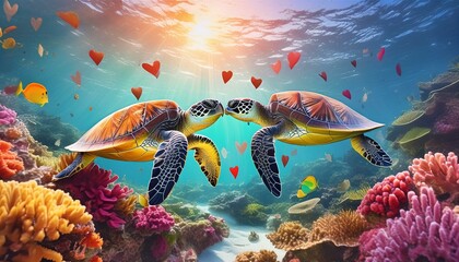 a mesmerizing underwater world teeming with love, featuring colorful coral reefs, schools of fish forming heart shapes, and a pair of sea turtles swimming together in harmony. The scene should 