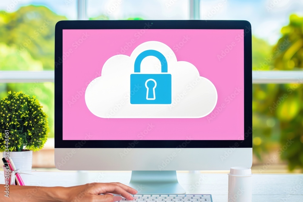 Poster finger pointing at a digital cloud padlock on a monitor, symbolizing online security and data protec