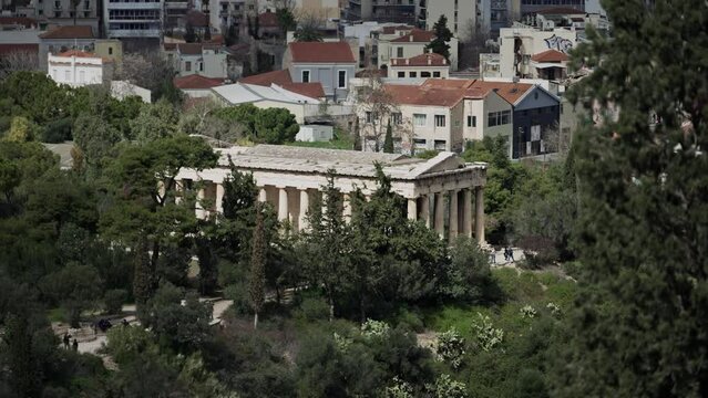 The ancient Greek temple of Hephaestus in Agora Complex, Athens, aerial shot