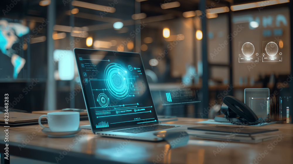 Poster digital business management system virtual display over a laptop in modern office, futuristic softwa
