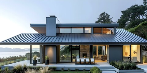 Obraz premium Contemporary home with sleek metal roof and modern architectural design. Concept Home Renovation, Contemporary Architecture, Metal Roofing, Modern Design, Sleek Interiors