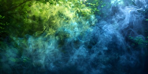 Lush forest radiates mystical aura with vibrant yellowgreen smoke captivating natures beauty. Concept Nature Photography, Mystic Atmosphere, Vibrant Colors, Enchanting Landscapes