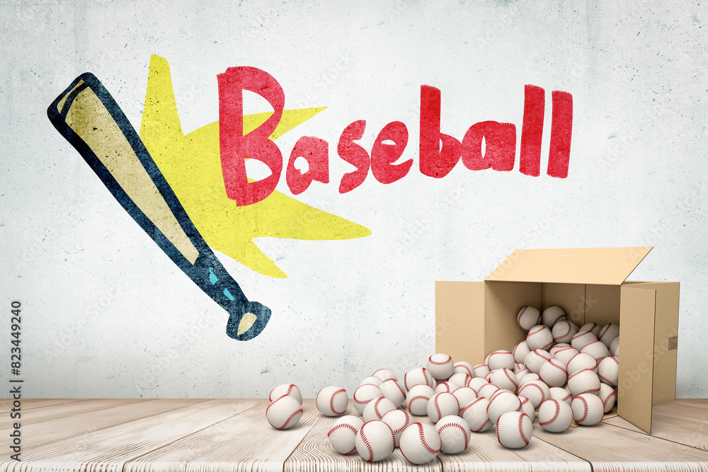Poster 3d rendering of cardboard box lying sidelong with baseballs scattering out