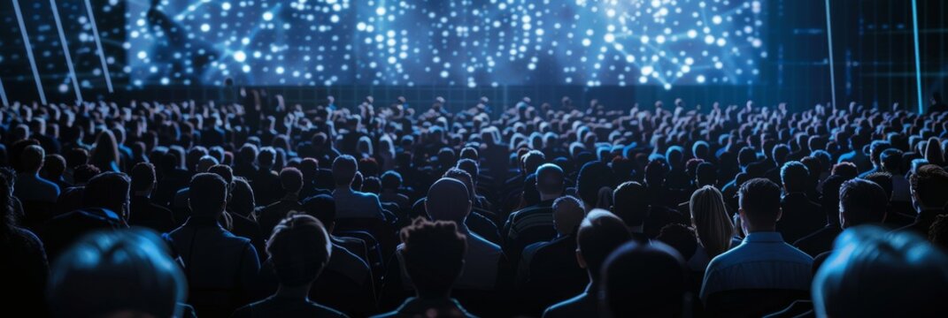 Thousands of smart tech people applaud a motivational keynote presentation in a dark conference hall. Business Technology Summit auditorium room crowded with delegates. From behind.