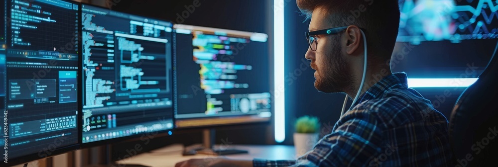 Poster in an innovative technological startup, a young caucasian man is coding on a desktop computer. junio