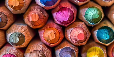 Close-up of a bunch of colored pencils, abstract background with colored pencils macro view Vibrant colors in a row, a rainbow spectrum .
