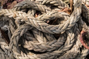Closeup of old coiled thick nylon rope.
