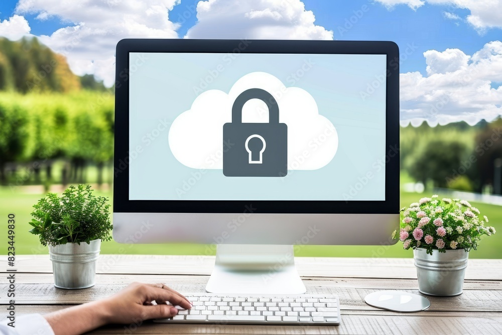 Poster hand pointing at a digital cloud padlock on a monitor, symbolizing online security and data protecti