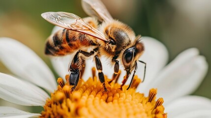 Vibrant scene  honey bee in flight collecting pollen from flower in a beautiful display