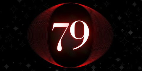 Number 79. Banner with the number seventy nine on a black background and white stars with a circle red in the middle