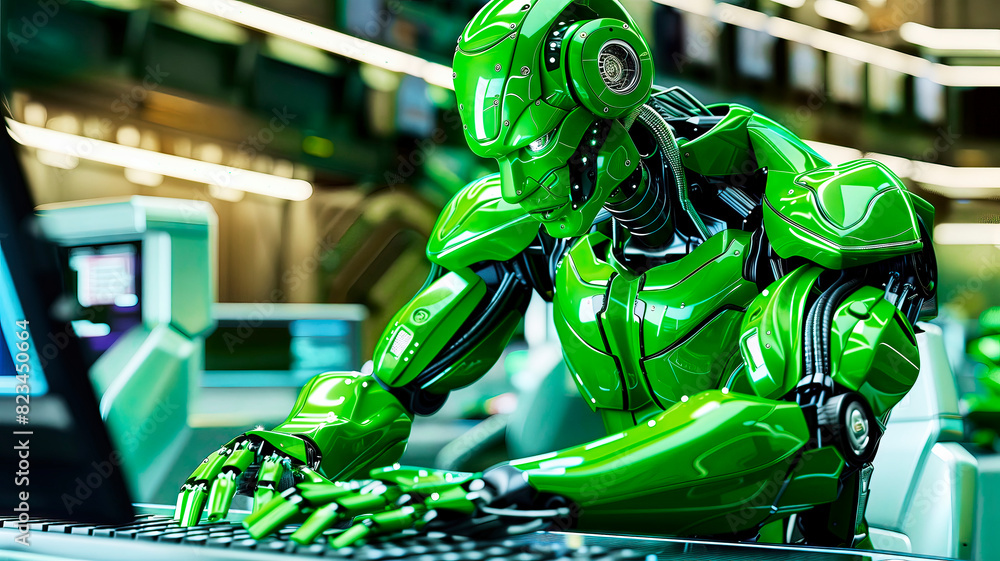 Poster hightech green robot with intricate details is shown operating a computer keyboard in a modern indus