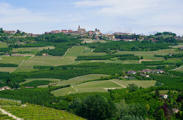 Landscape in Piedmont, Italy, mountain top village in the distance 
