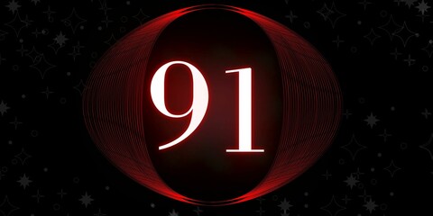 Number 91. Banner with the number ninety one on a black background and white stars with a circle red in the middle