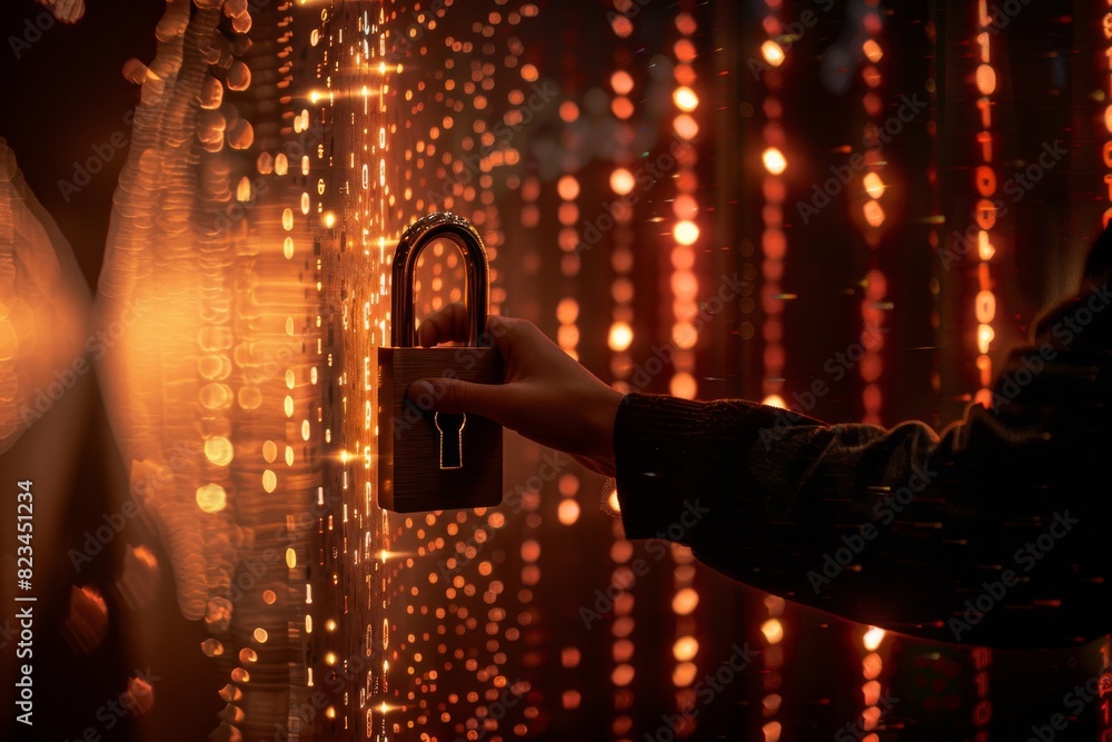 Poster hand holding a physical padlock with a glowing network background, symbolizing secure data protectio