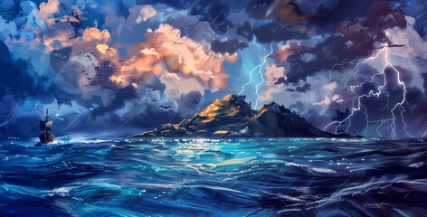 Fototapeta premium Dramatic digital artwork of a storm with lightning over a turbulent sea and a solitary ship near a rugged mountainous island